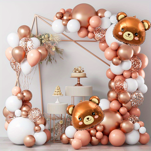 153pcs Rose Gold Balloon Garland Set, Bear Head Aluminum Balloon, Suitable for Wedding, Birthday Party Background Decoration