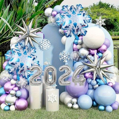 142pcs New Year 2024 Ice and Snow Balloon Arch Garland Set Winter Frozen Purple Latex Balloon Birthday Party Balloon Decoration