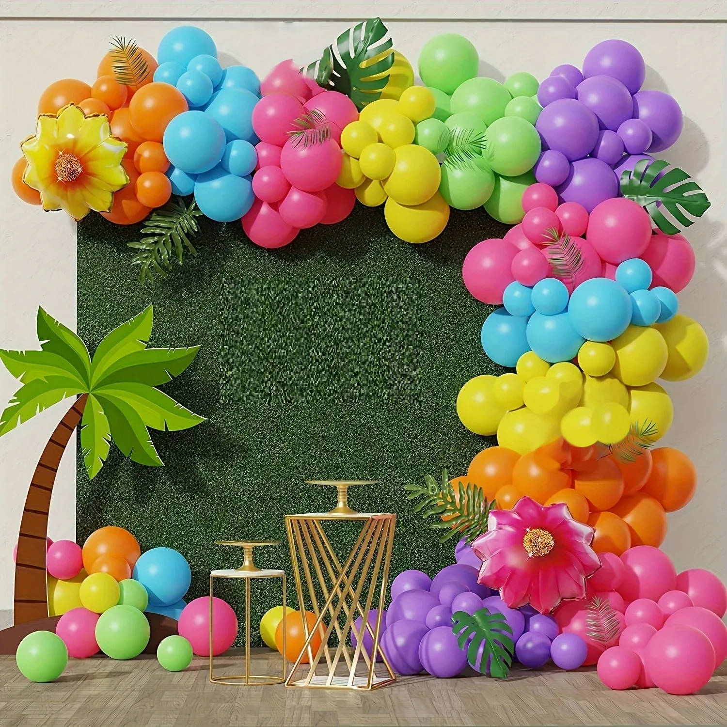 146pcs Colorful Strip Flower Aluminum Foil Balloon Arch Set for Summer Party Birthday, Pool Party, Prom Decoration Supplies