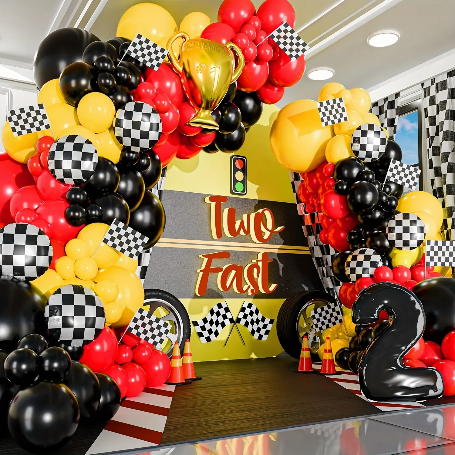 117pcs All-in-one Car Balloon Garland and Arch, Perfect for Lightning McQueen Racing Themed Birthday Parties and Themed Events