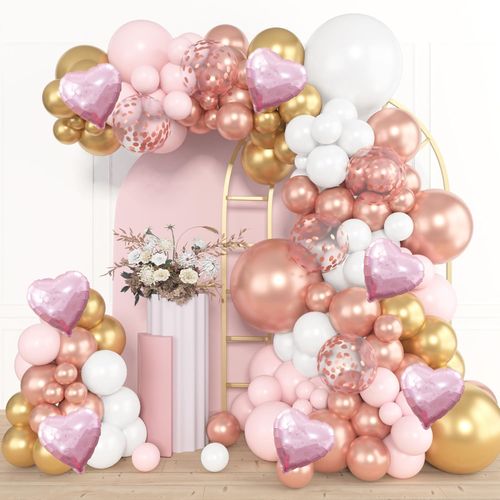 143pcs Gold, Pink, White Latex Balloon Arch Garland Kit for Valentine's Day, Birthday Parties, Graduations, PROM Decorations