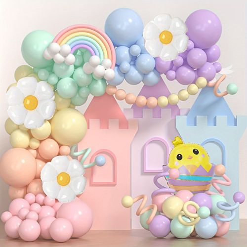 161pcs Colorful Easter Themed Balloon Arch Kit Daisies and Chicken Balloons, Easter Party Birthday Friends Party Home Decor