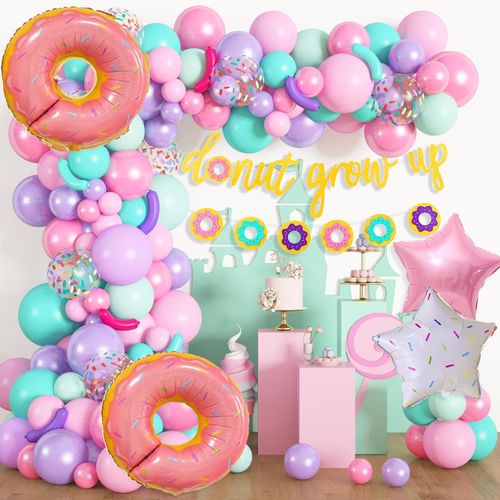 Donut Birthday Party Decorations Including Donut Balloon Garlands Banners in Pink Blue Perfect for Sweet Birthday Party Decor