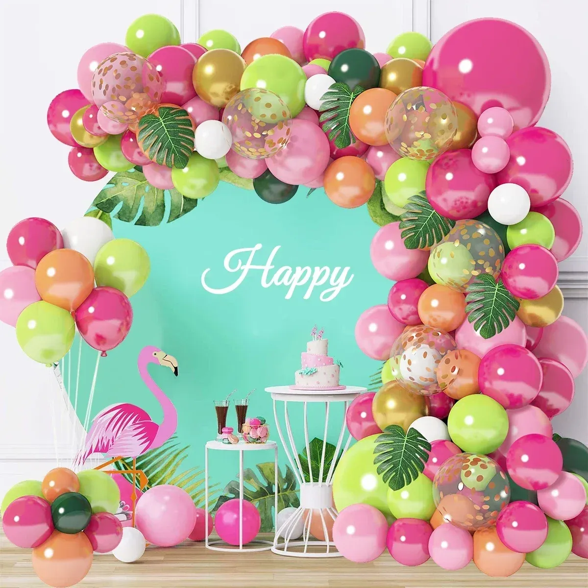 Tropical Balloon Arch Lei Set with Palm Leaf Coconut Tree Foil Balloons and More for A Tropical Hawaiian Style Party