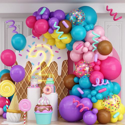 Rainbow Coloured Balloon Arch for Candy Sweet Birthday Party Decorations Donut Grow Ice Cream Birthday Party Decorations