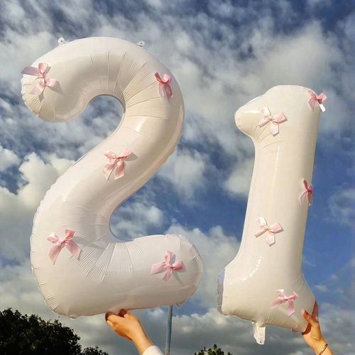 40inch Pink Bow Decor White Number Balloons, 0-9 White Number Balloons With Pink Bow Decor, Suitable For Birthday Party, Anniver