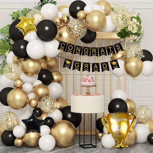 107pcs Graduation themed Balloon Arch set Trophy and Pentagram Balloon Graduation banner Graduation party decoration