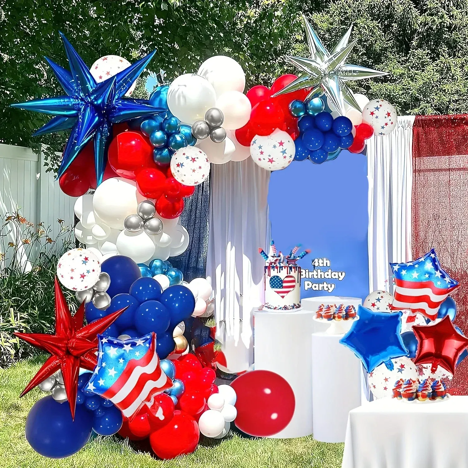 140pcs red,blue, white and explosive star foil balloon arch set for birthday party, independence day and bar mittance decoration