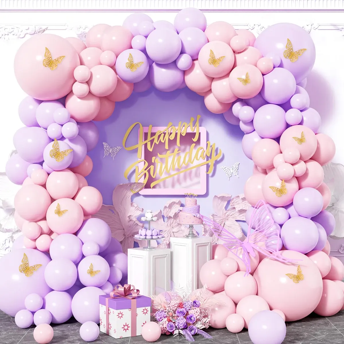 Pink Purple Butterfly Balloon Arch Decoration Set for Wedding Party Birthday Party and Christening Decoration