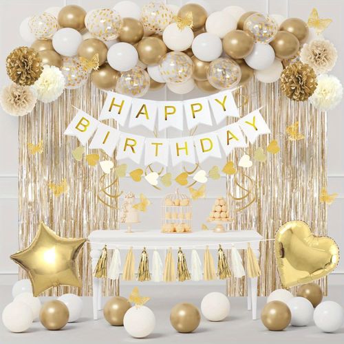 94pcs White Gold Birthday Balloon Set Pentagram Balloon Birthday Flag Birthday Party Anniversary Indoor and Outdoor Decoration
