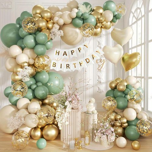 141pcs Sand-and-white Green Gold Birthday Themed Balloon Wreath Set Heart-shaped Balloon Birthday Party Wedding Anniversary