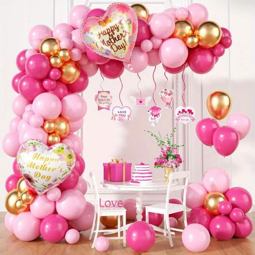 124pcs Mother's Day Balloons Garland Arch Kit Pink Rose Red Latex Love Heart Balloon for Mother's Day Party Decoration Supplies
