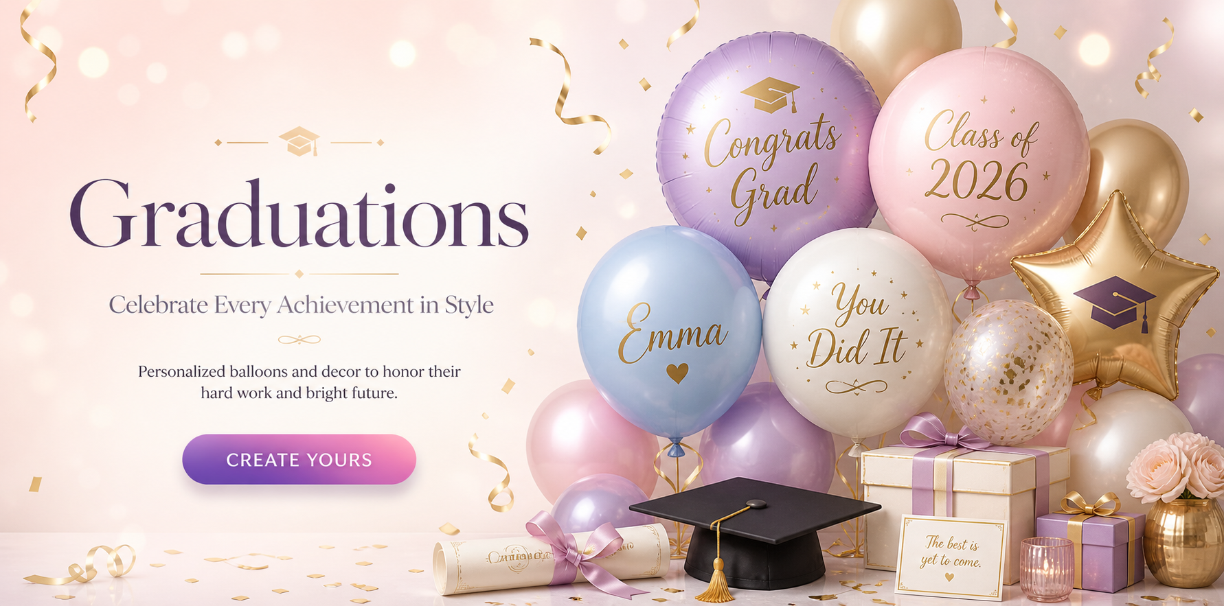 Ready to celebrate graduation call to action banner with custom graduation balloons, diploma, graduation cap and elegant party decorations