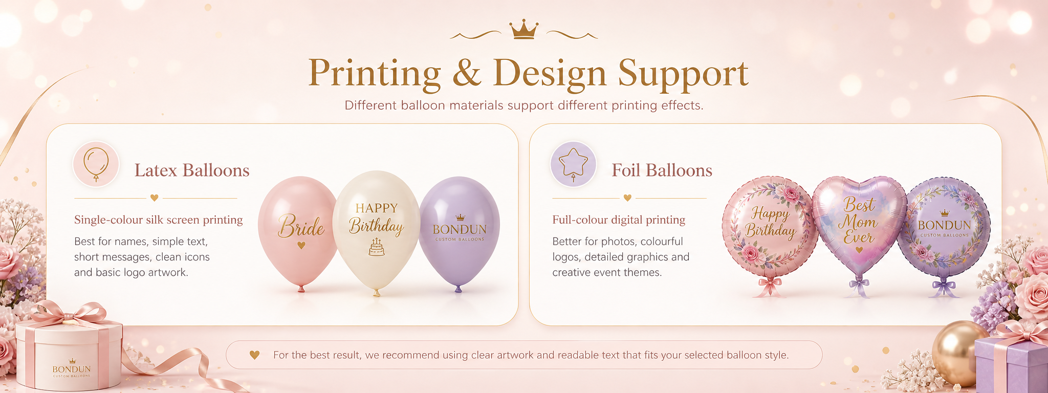 BONDUN printing and design support guide comparing latex balloons with single colour silk screen printing and foil balloons with full colour digital printing