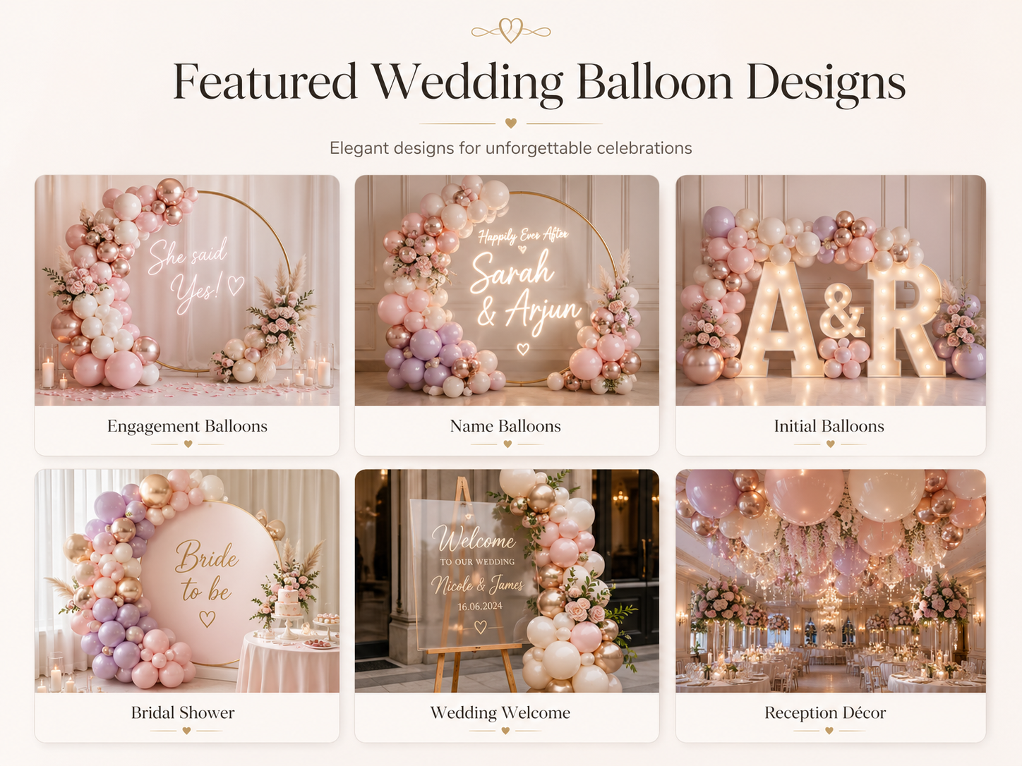 Wedding balloon styles including latex balloons, heart latex balloons, round foil balloons, star foil balloons and heart foil balloons