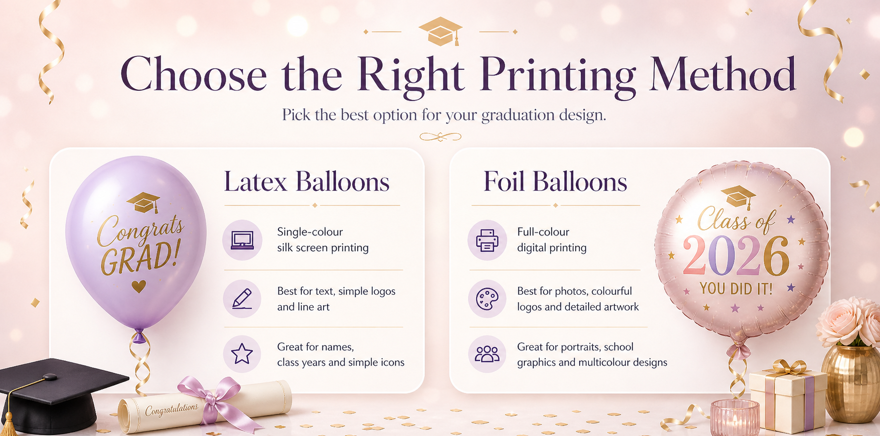 Graduation balloon styles including latex balloons, heart latex balloons, round foil balloons, star foil balloons and heart foil balloons