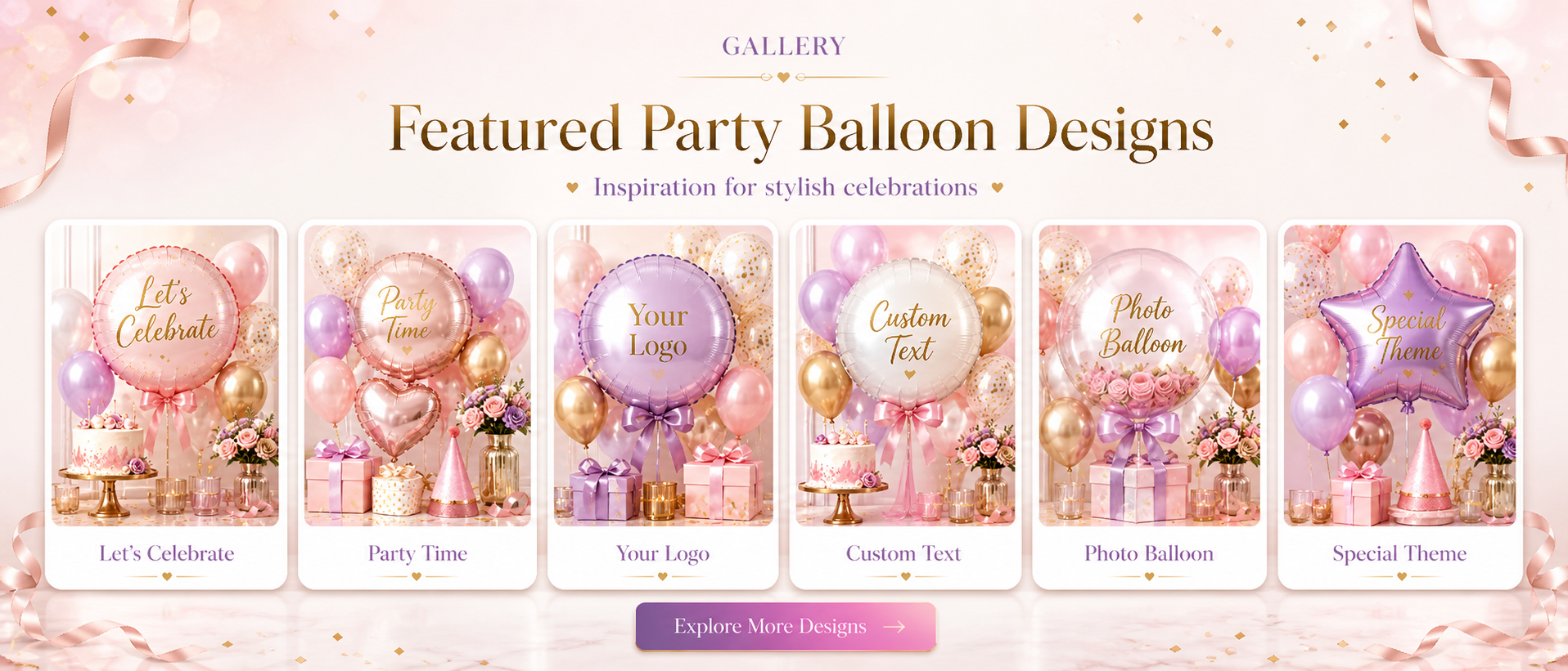 Parties and events custom balloons hero banner with personalised balloons, cake, gifts, flowers and stylish celebration decorations