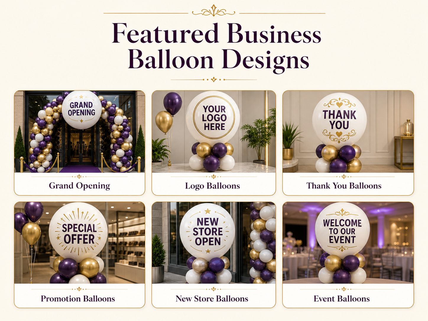 Business balloon styles including latex balloons, heart latex balloons, round foil balloons, star foil balloons and heart foil balloons for promotions
