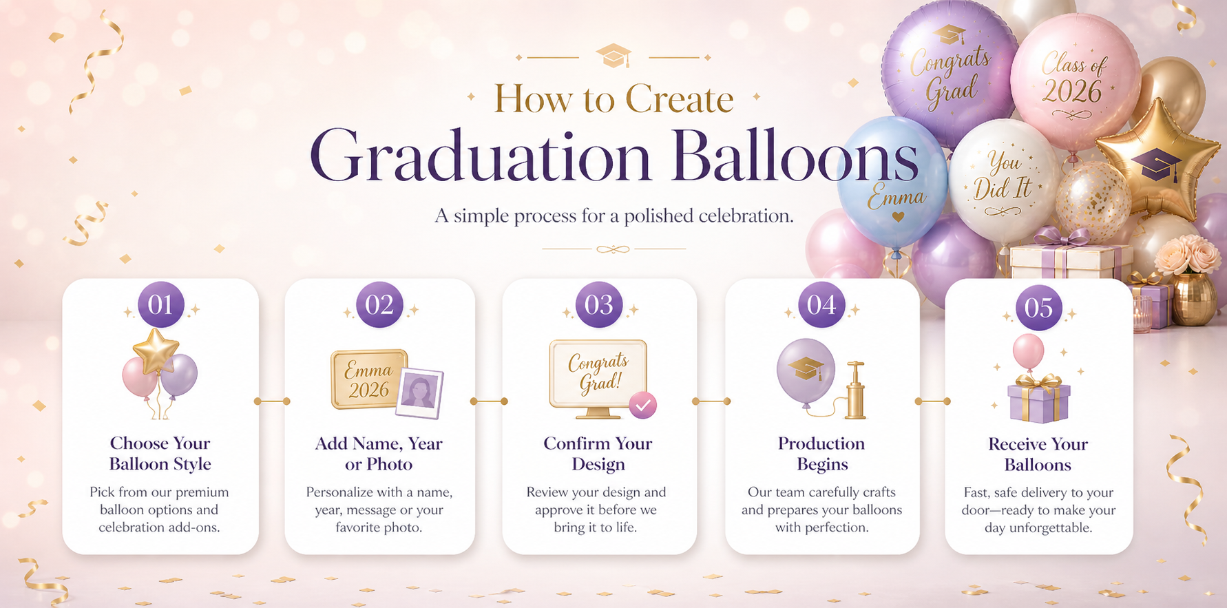 Personalise graduation balloons with name, year, message, photo, logo and school colors
