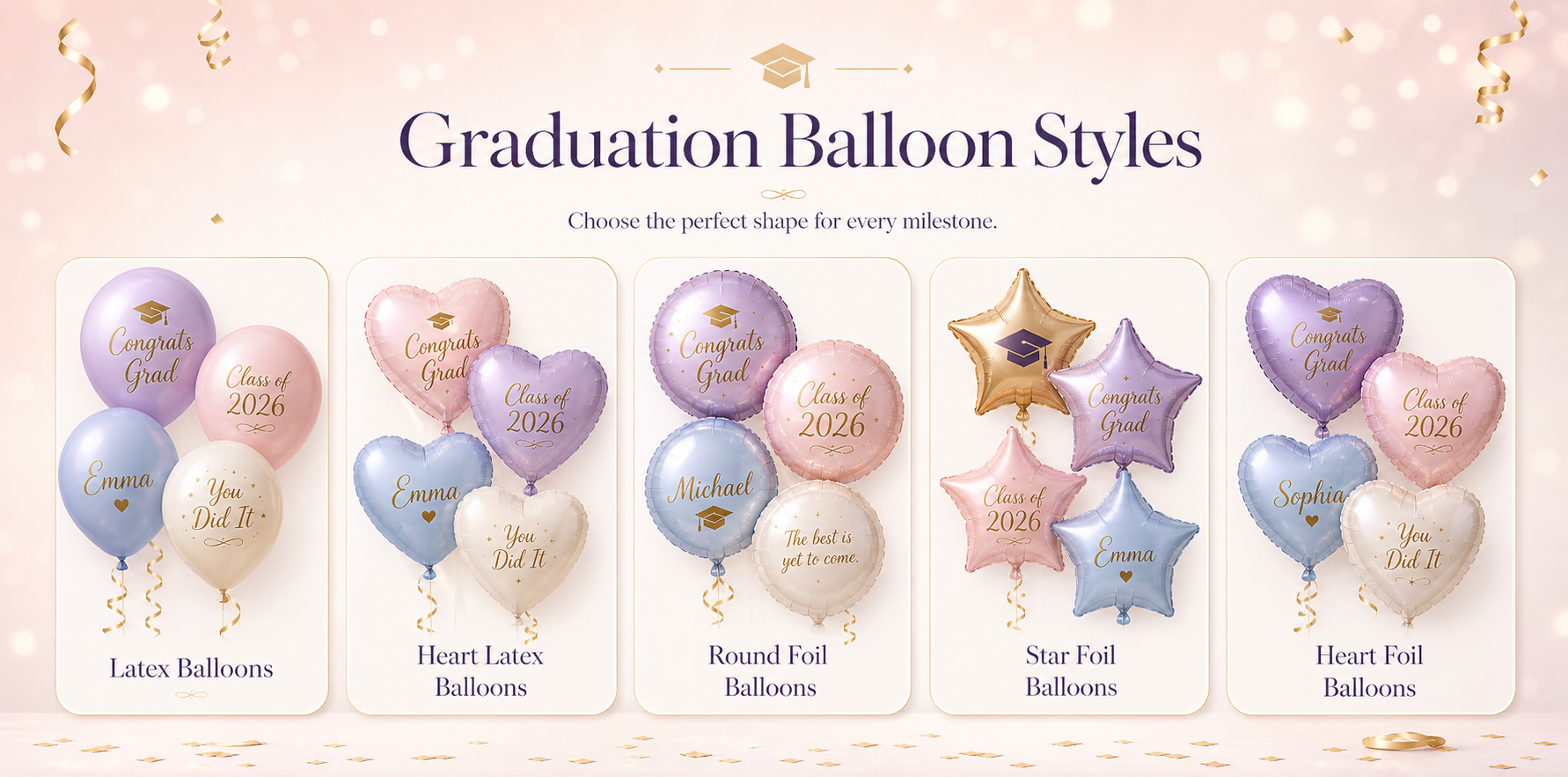 Graduation balloon printing guide comparing latex balloons with single colour silk screen printing and foil balloons with full colour digital printing