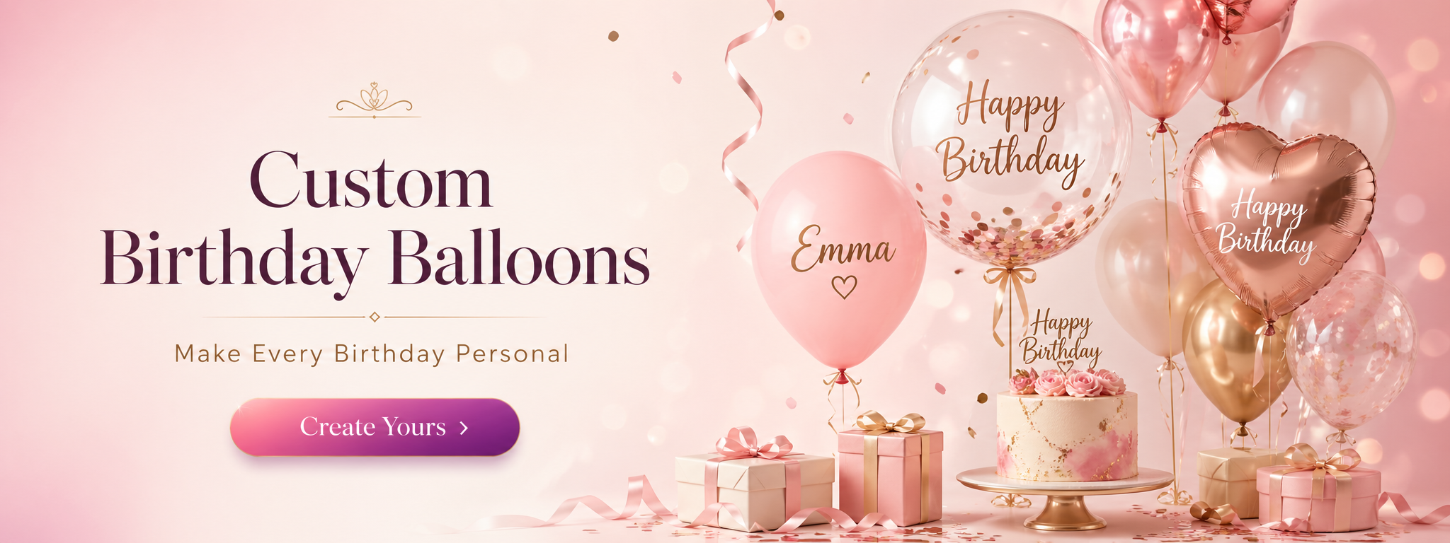 Custom birthday balloons hero banner with personalised birthday balloons, cake, gifts and elegant party decorations