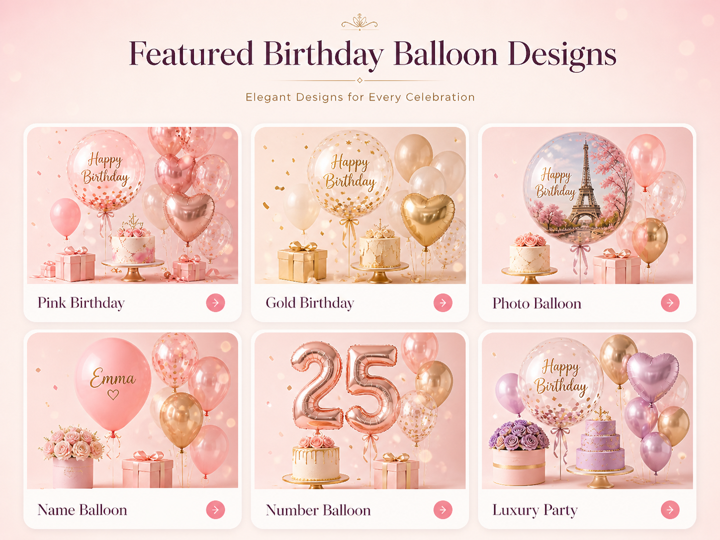 Featured birthday balloon designs including pink birthday balloons, gold birthday balloons, photo balloons, name balloons and number balloons
