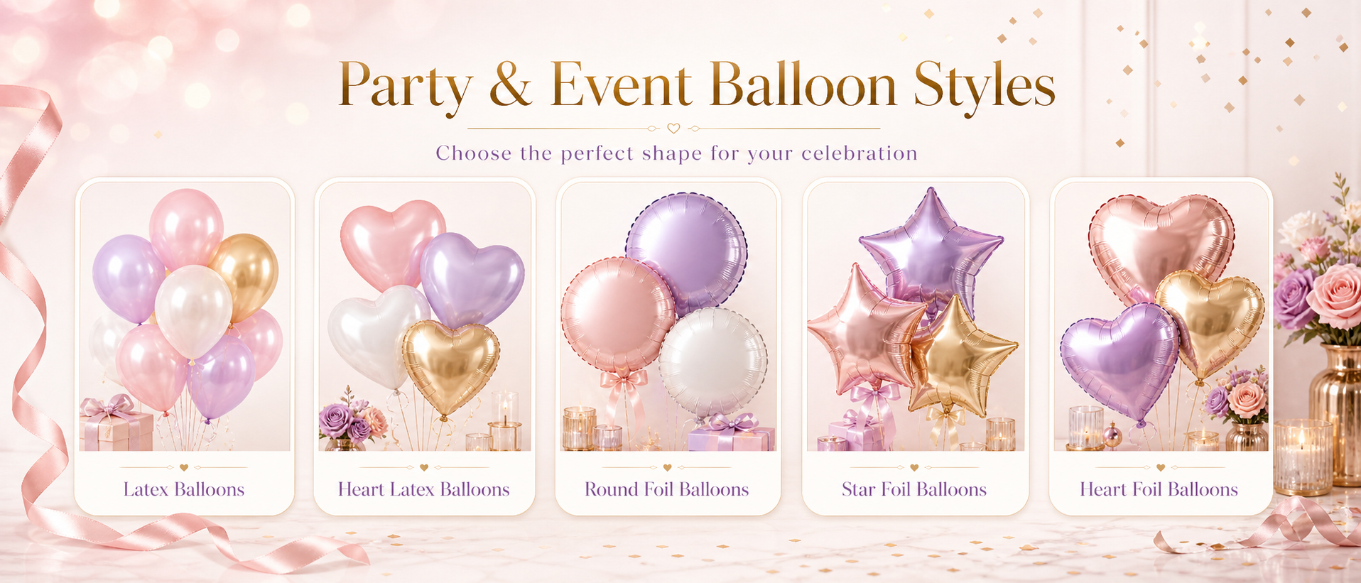 Featured party balloon designs including lets celebrate, party time, your logo, custom text, photo balloon and special theme balloons