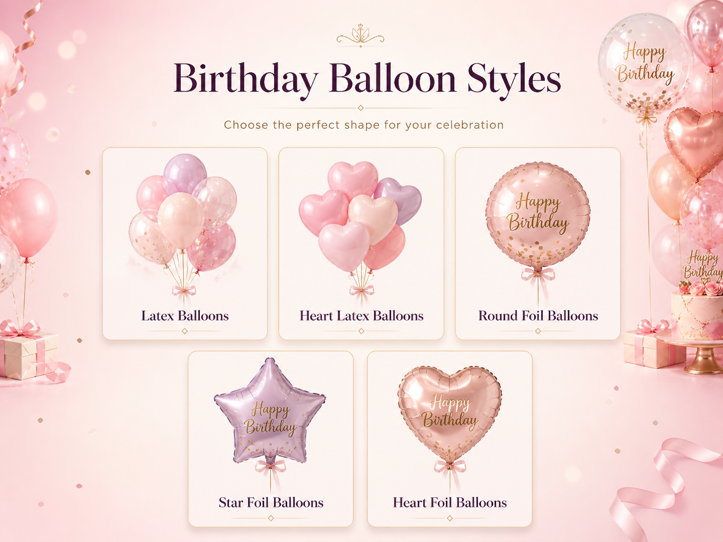 Birthday balloon styles including latex balloons, heart latex balloons, round foil balloons, star foil balloons and heart foil balloons