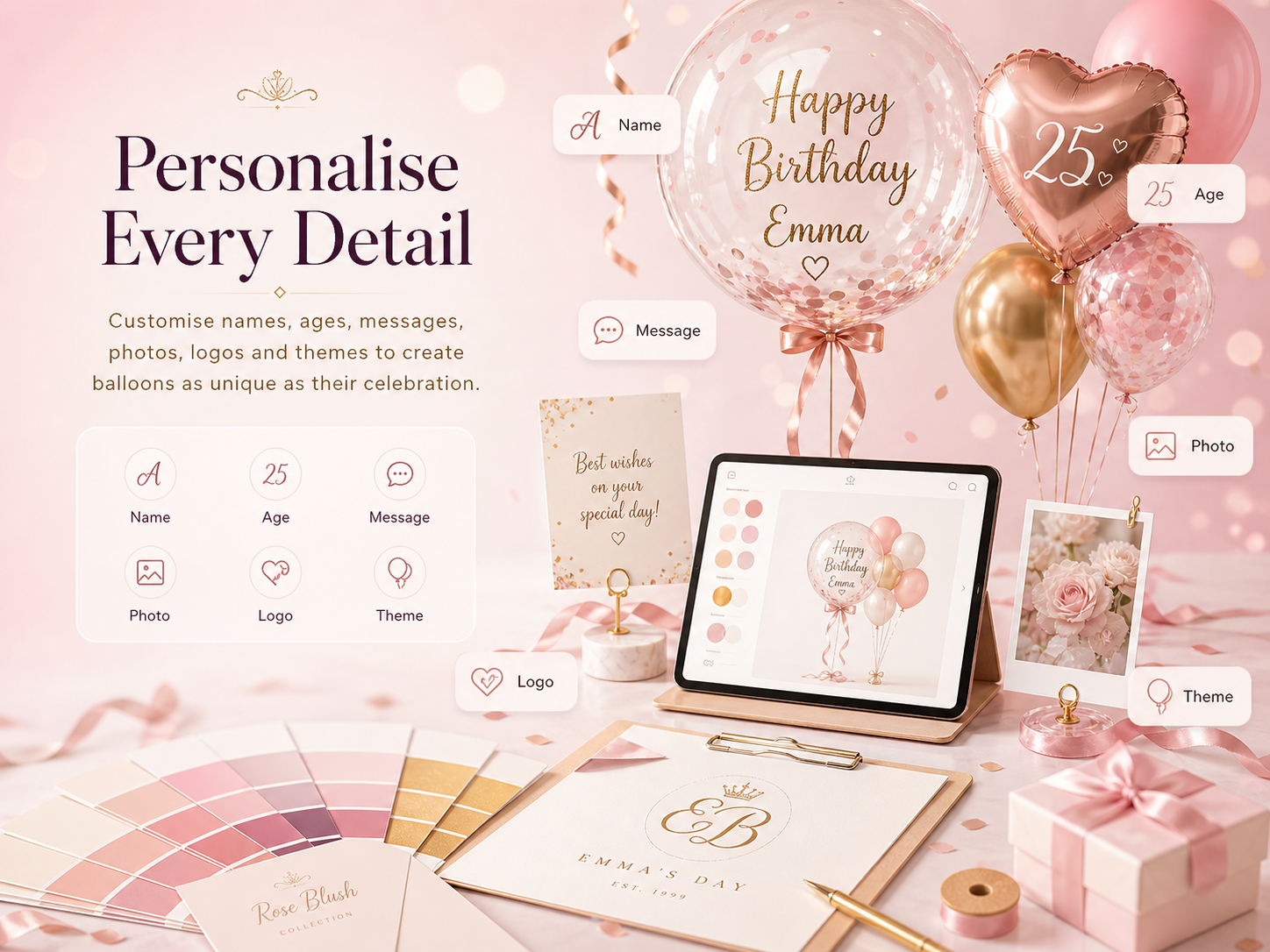 Personalise birthday balloons with names, ages, messages, photos, logos and party themes