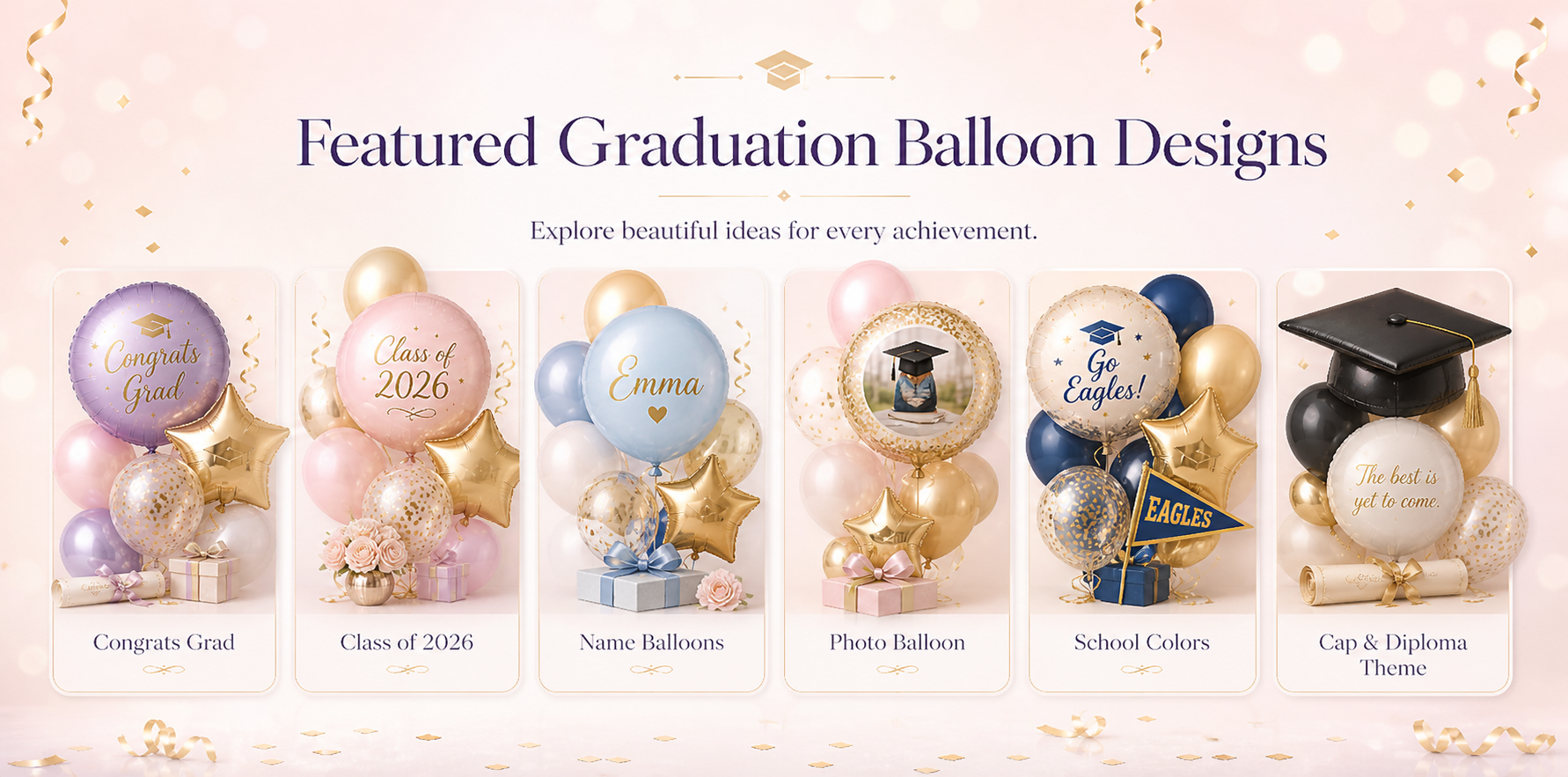 Graduation balloon ideas for party decor, photo backdrop, school celebration and gift table decor
