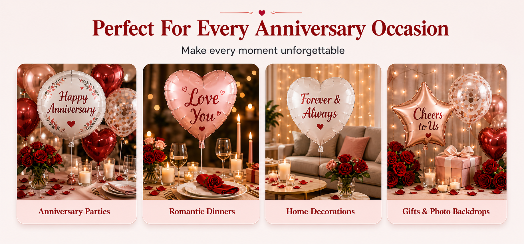 Personalise anniversary balloons with names, anniversary date, message, photo, colors and romantic theme