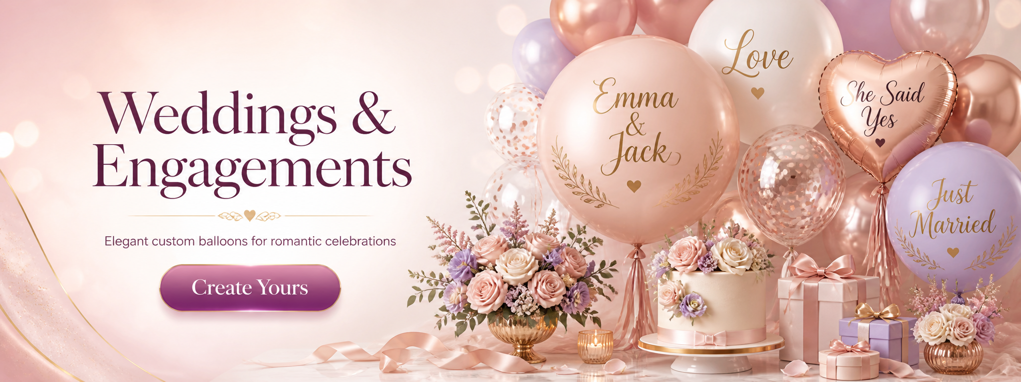 Featured wedding balloon designs including engagement balloons, name balloons, initial balloons, bridal shower balloons, wedding welcome balloons and reception decor