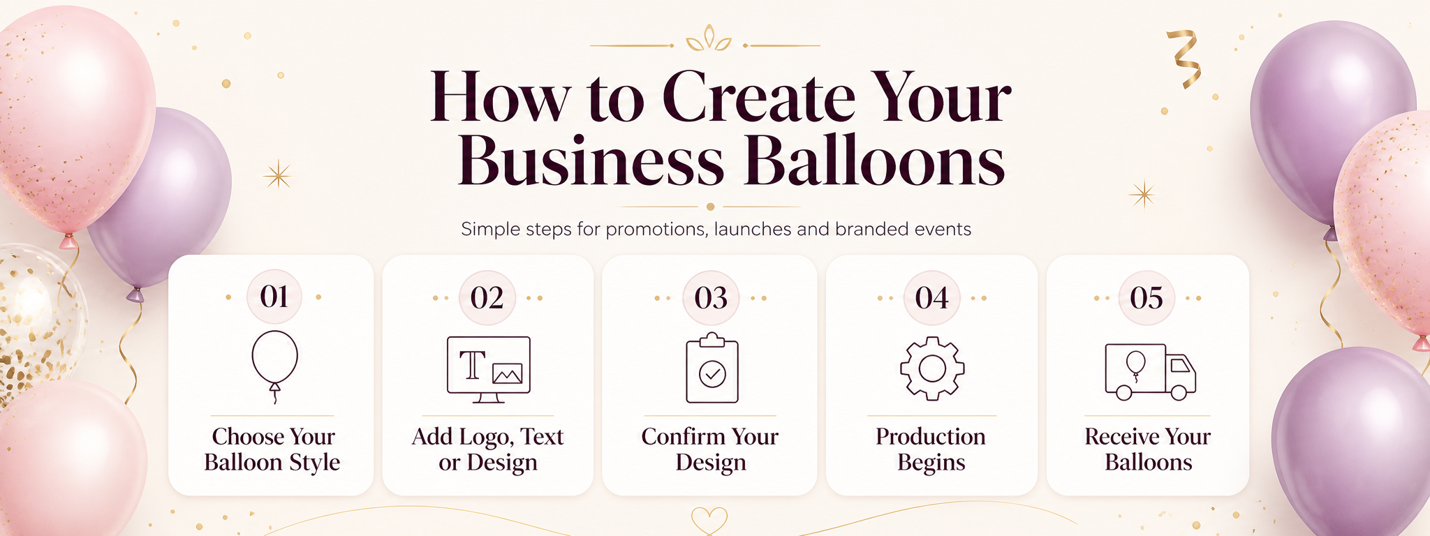 Business promotions and store openings custom balloons hero banner with branded balloons, grand opening decorations and store launch setup