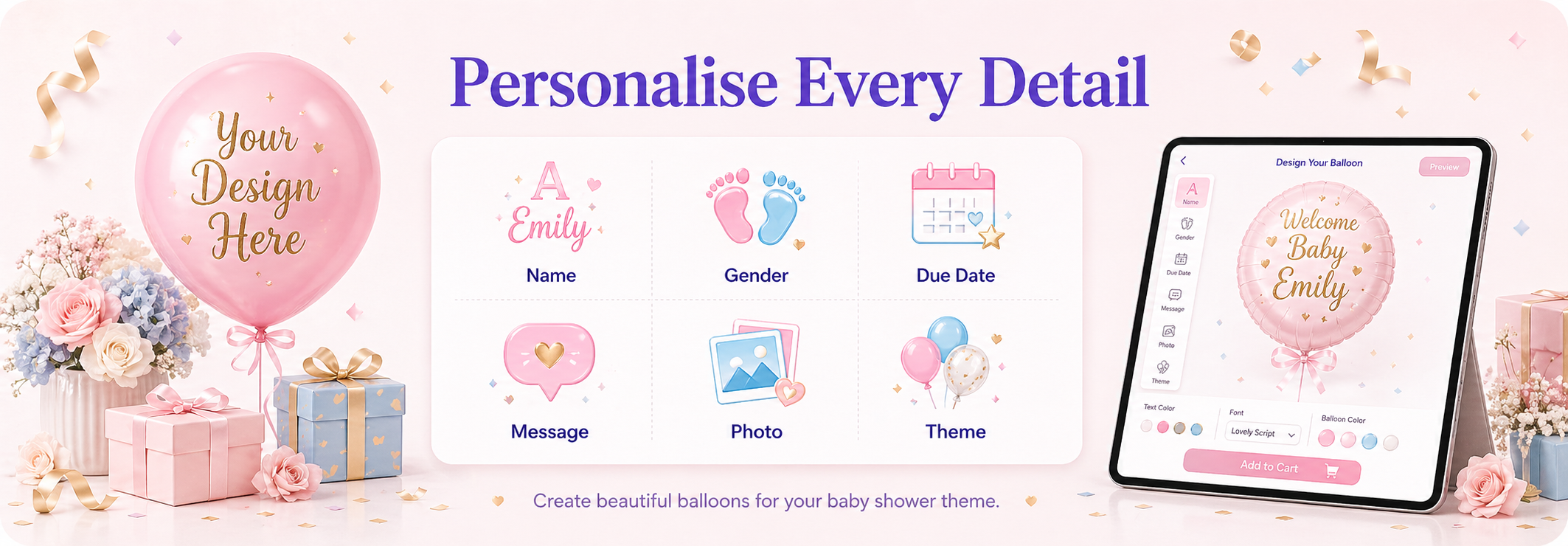 Baby showers custom balloons hero banner with pastel pink and blue balloons, baby shower decorations, gifts and personalised baby balloons