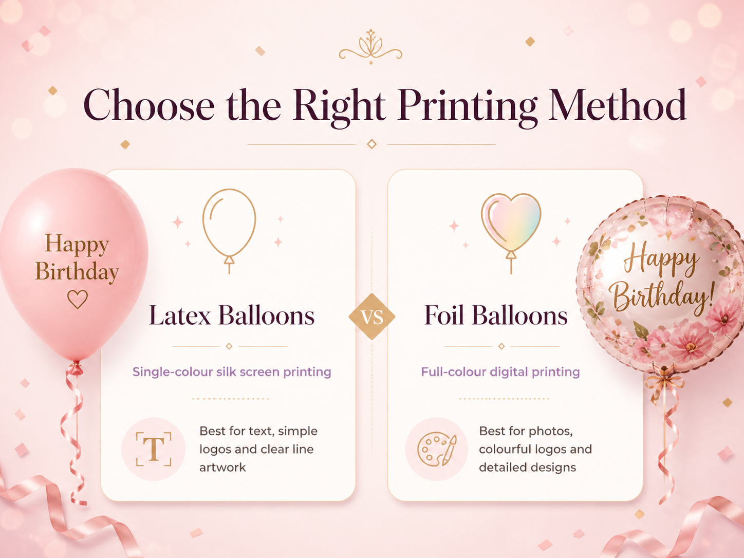 Balloon printing guide showing latex balloons with single colour silk screen printing and foil balloons with full colour digital printing