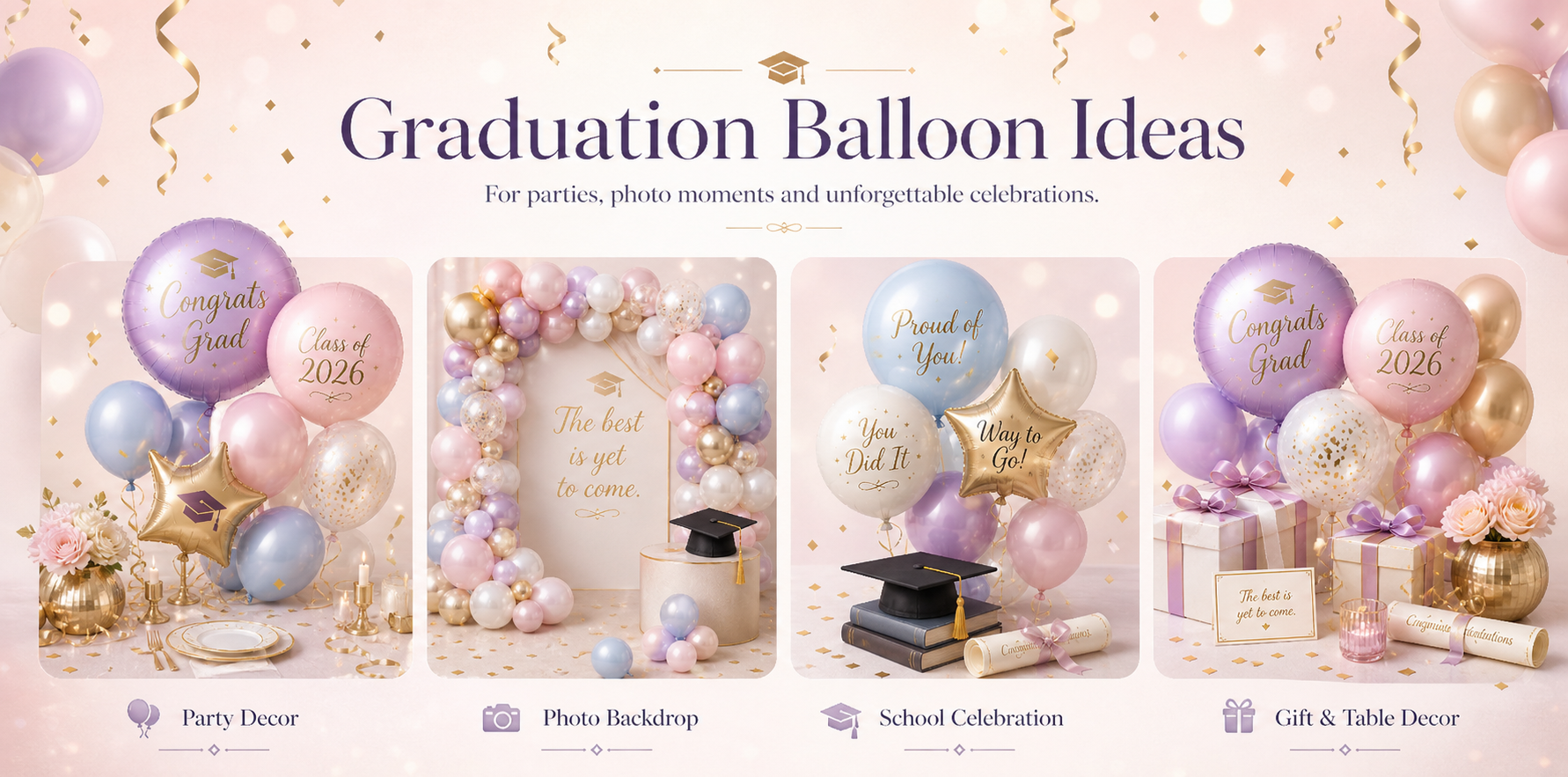 Featured graduation balloon designs including congrats grad balloons, class of 2026 balloons, name balloons, photo balloons, school colors and cap and diploma theme