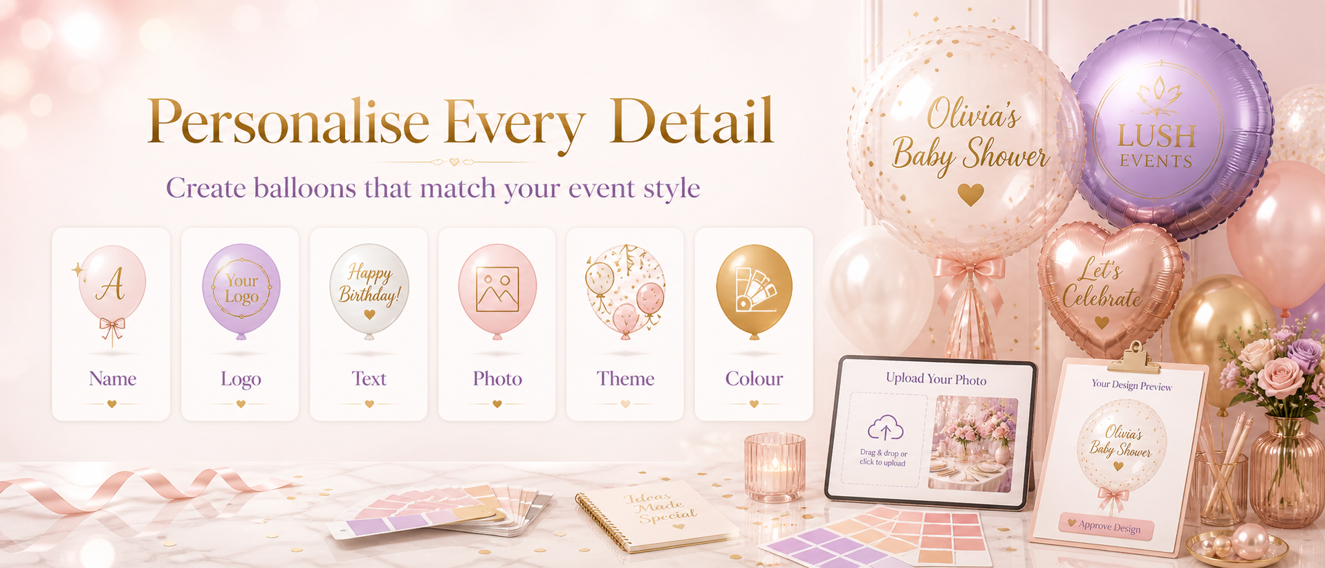 Ready to create your party balloons call to action banner with custom balloons, cake, gifts and elegant event decorations