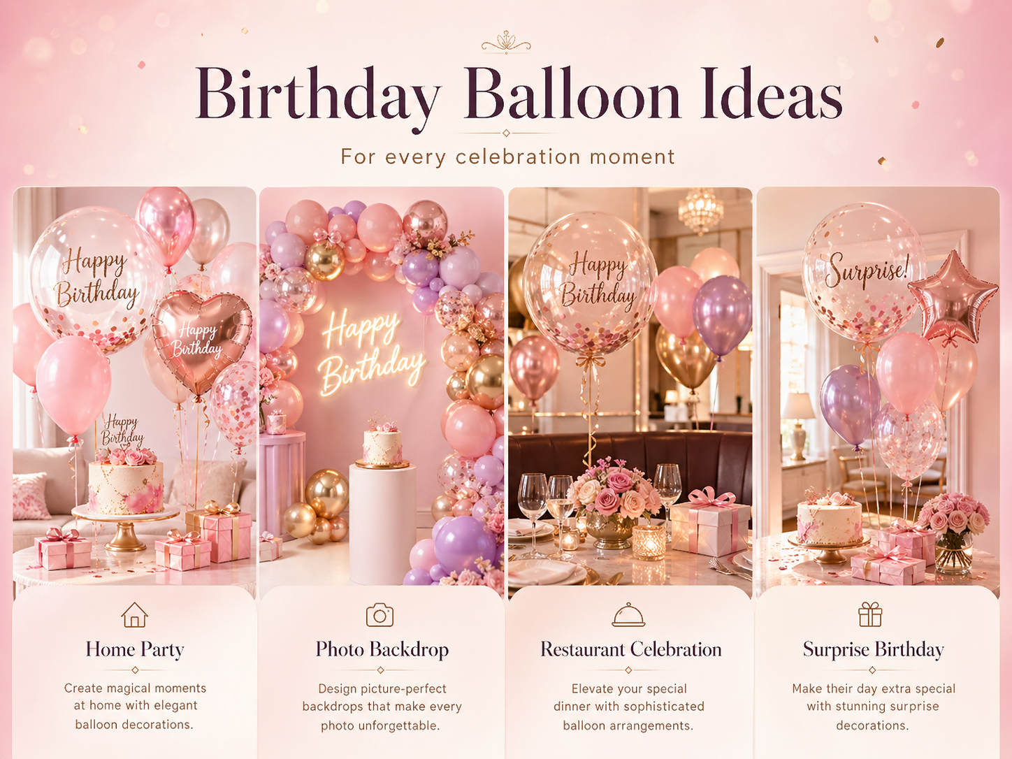 Birthday balloon ideas for home parties, photo backdrops, restaurant celebrations and surprise birthday decorations