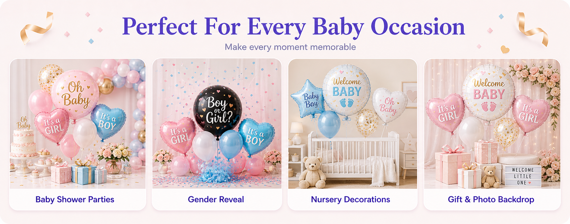 Personalise baby shower balloons with name, gender, due date, message, photo and theme
