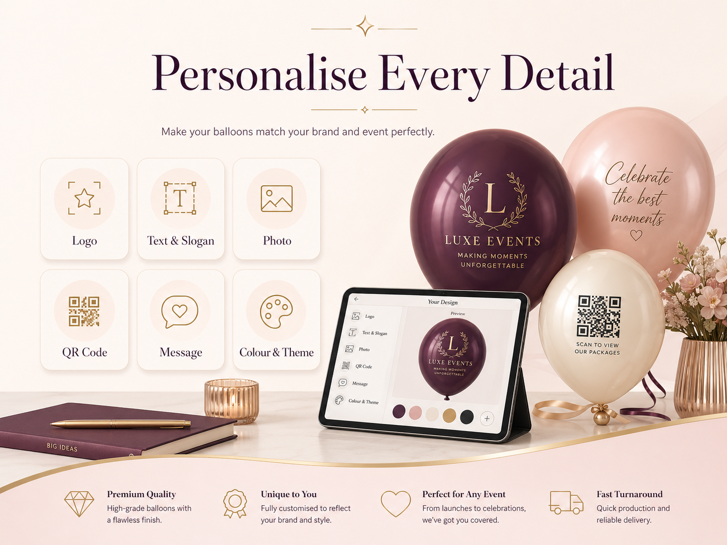 Business balloon printing guide comparing latex balloons with single colour silk screen printing and foil balloons with full colour digital printing