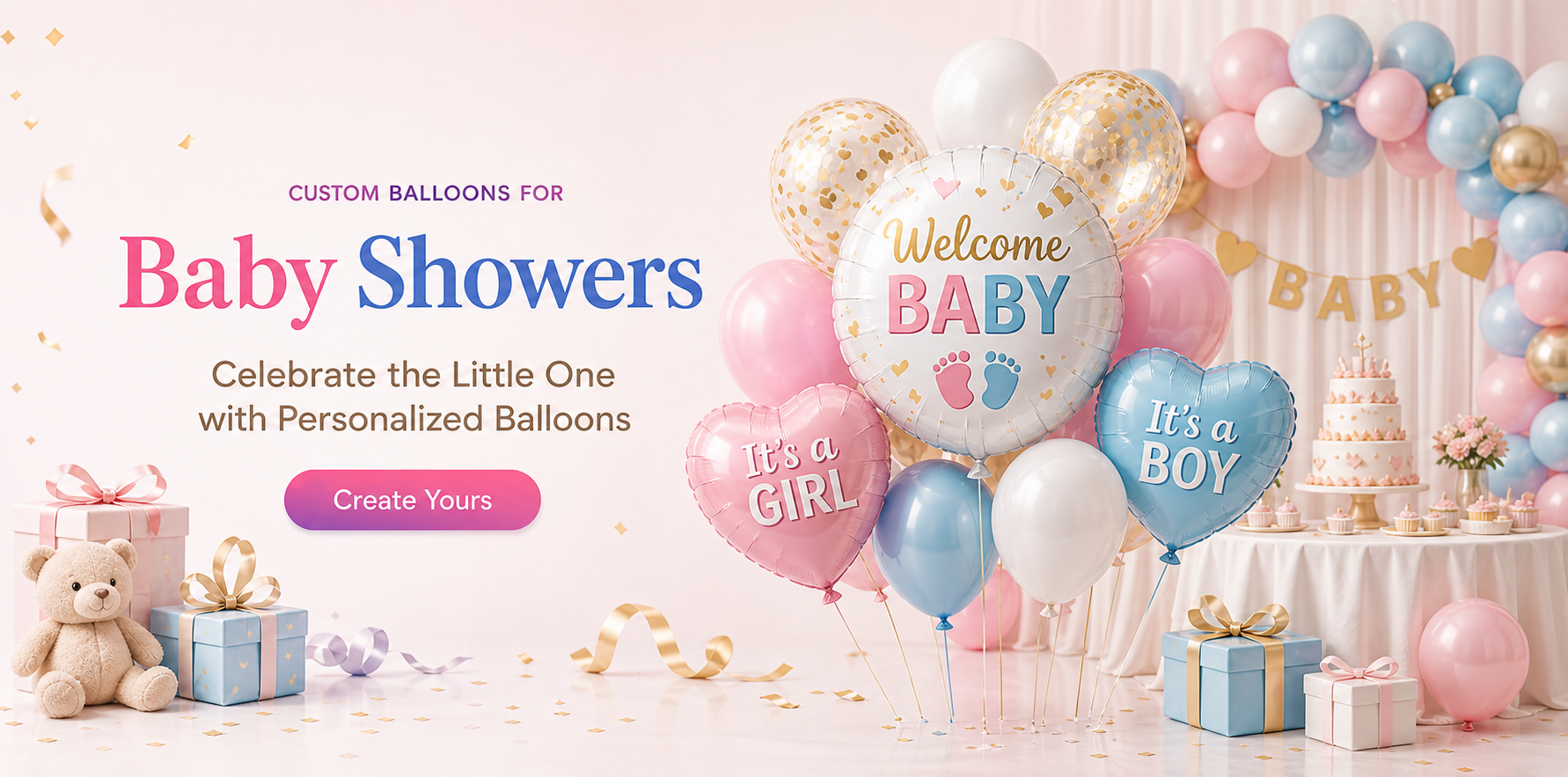 Baby shower balloon printing guide comparing latex balloons with single colour silk screen printing and foil balloons with full colour digital printing