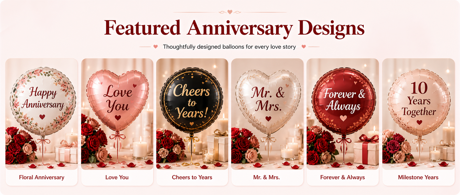 Anniversaries custom balloons hero banner with romantic personalised balloons, roses, candles, gift boxes and anniversary decorations