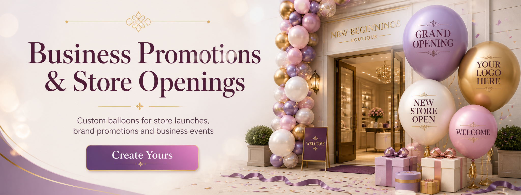 Ready to promote your business call to action banner with custom business balloons, branded gift bags and promotional event decorations