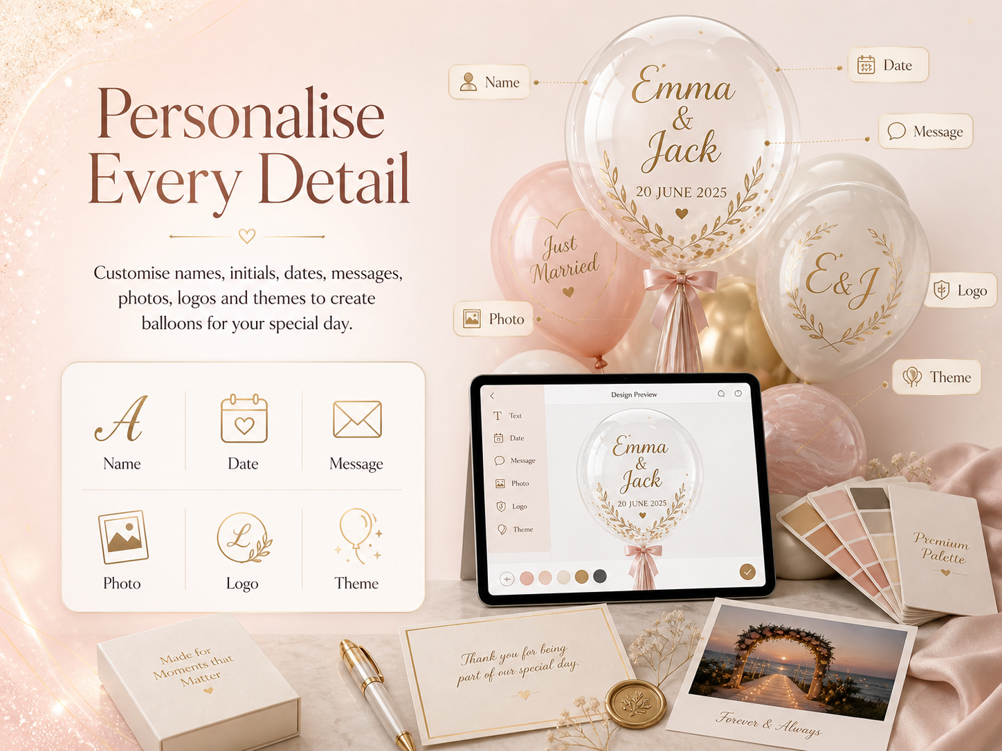 Wedding and engagement balloon ideas for engagement parties, bridal showers, wedding receptions and proposal setups