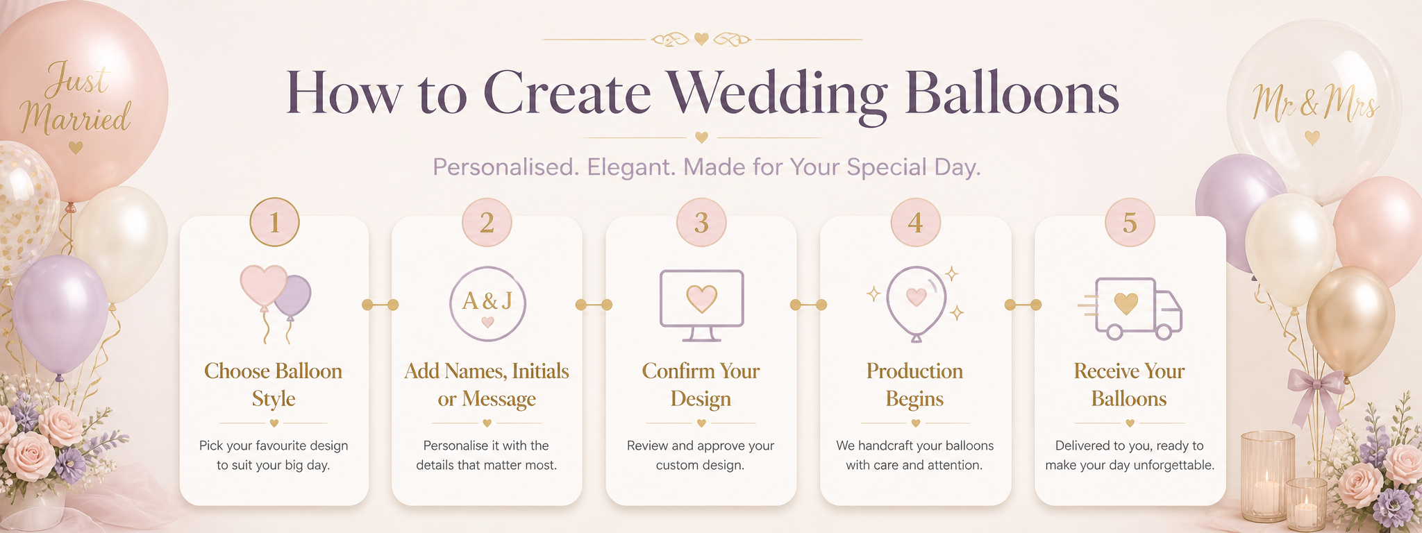 Weddings and engagements custom balloons hero banner with romantic pastel balloons, flowers, cake and personalised wedding messages
