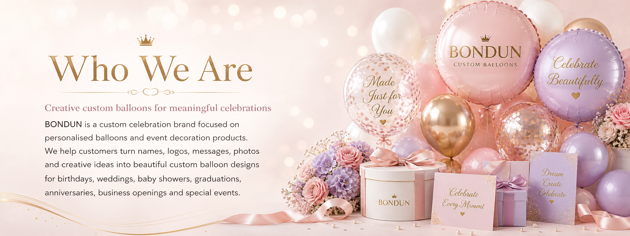 About BONDUN hero banner with luxury custom balloons, BONDUN branding, personalised logo balloons, gift boxes and floral decoration