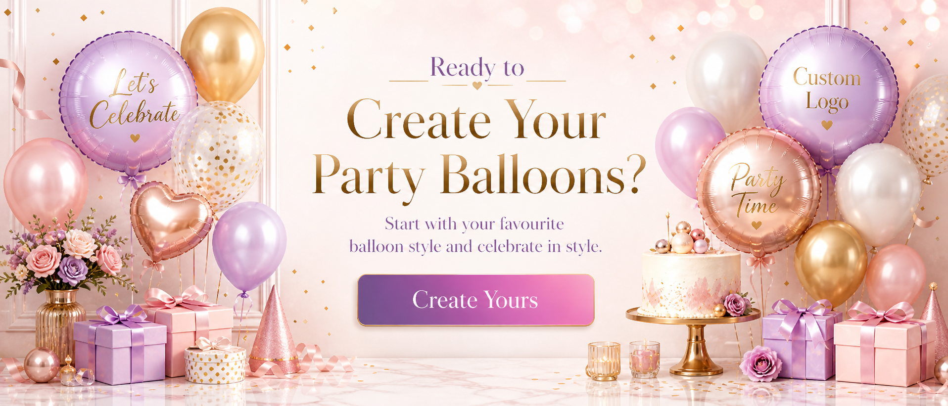 Party and event balloon styles including latex balloons, heart latex balloons, round foil balloons, star foil balloons and heart foil balloons