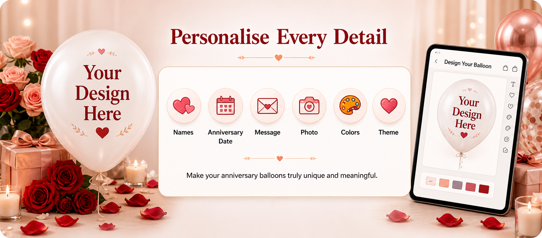 Ready to celebrate your love call to action banner with anniversary balloons, roses, candles, gifts and romantic decorations