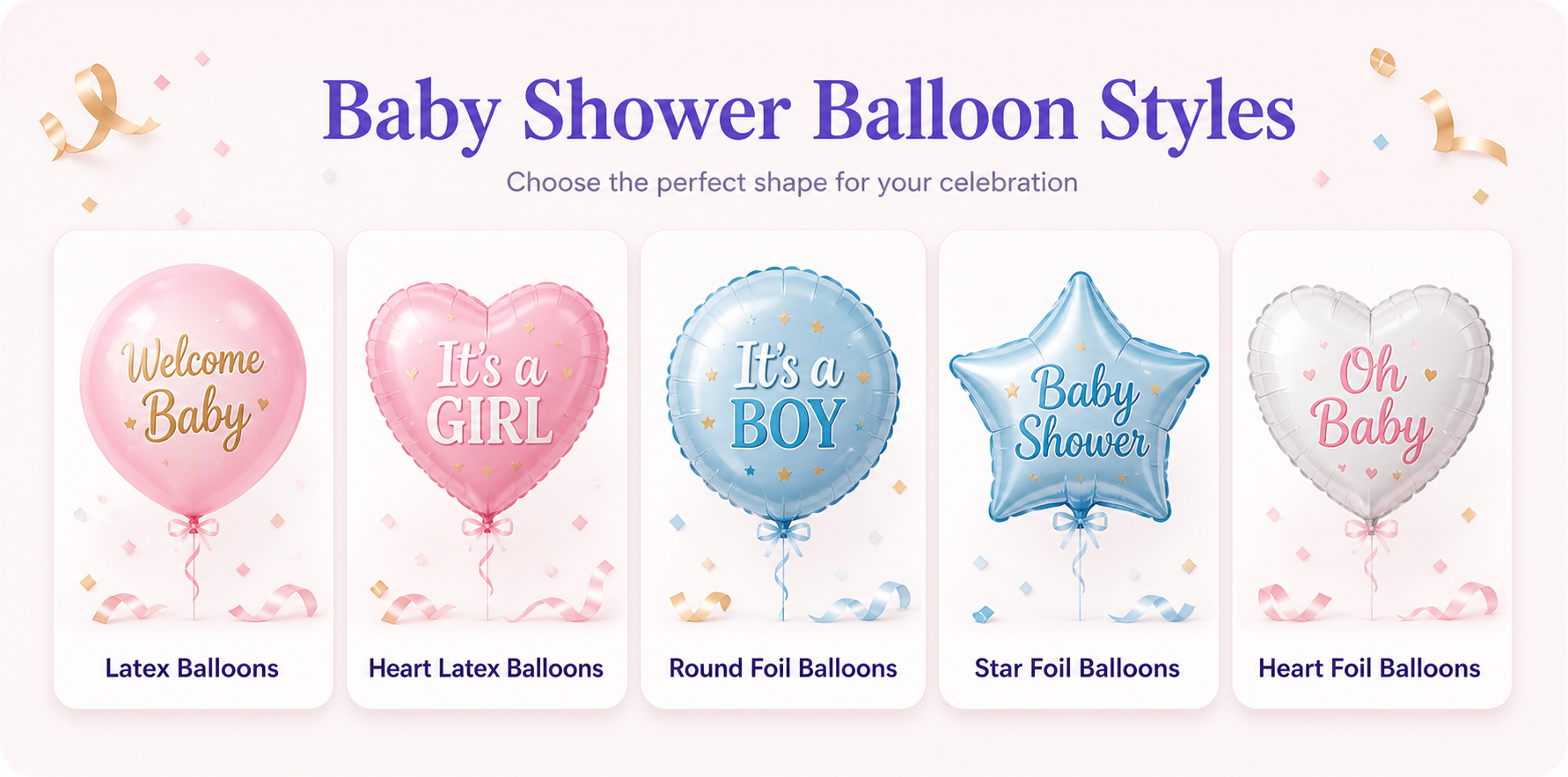 Ready to celebrate baby shower call to action banner with pastel balloons, teddy bear, gift boxes and baby shower decorations
