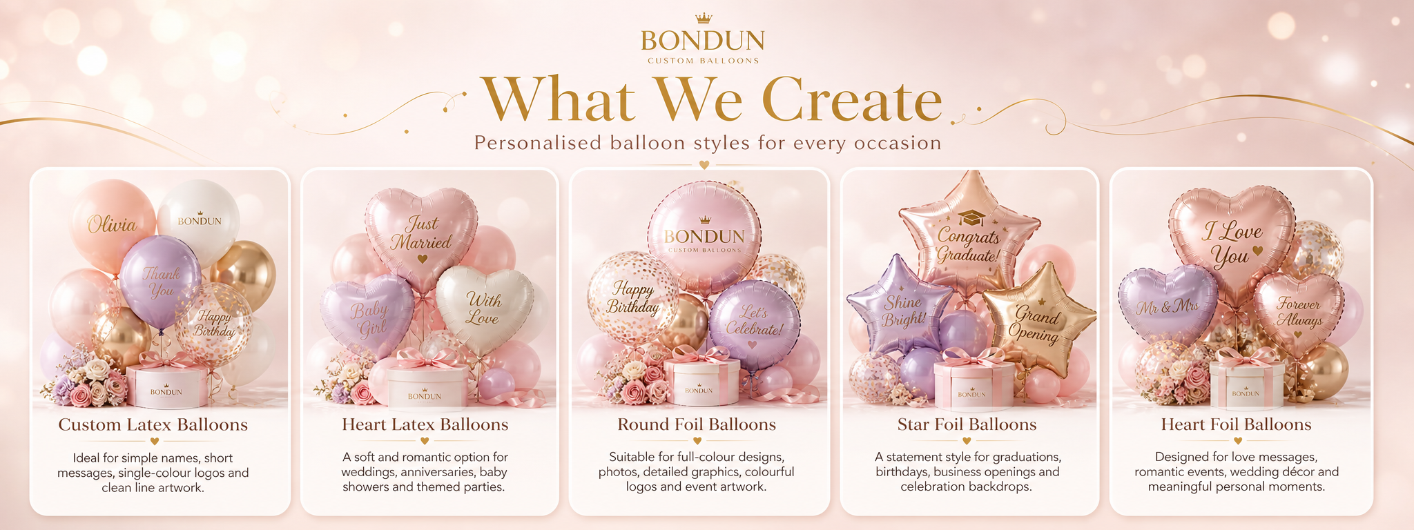 BONDUN custom balloon ordering process showing steps to choose balloon style, add names logos text or images, confirm design, production and delivery